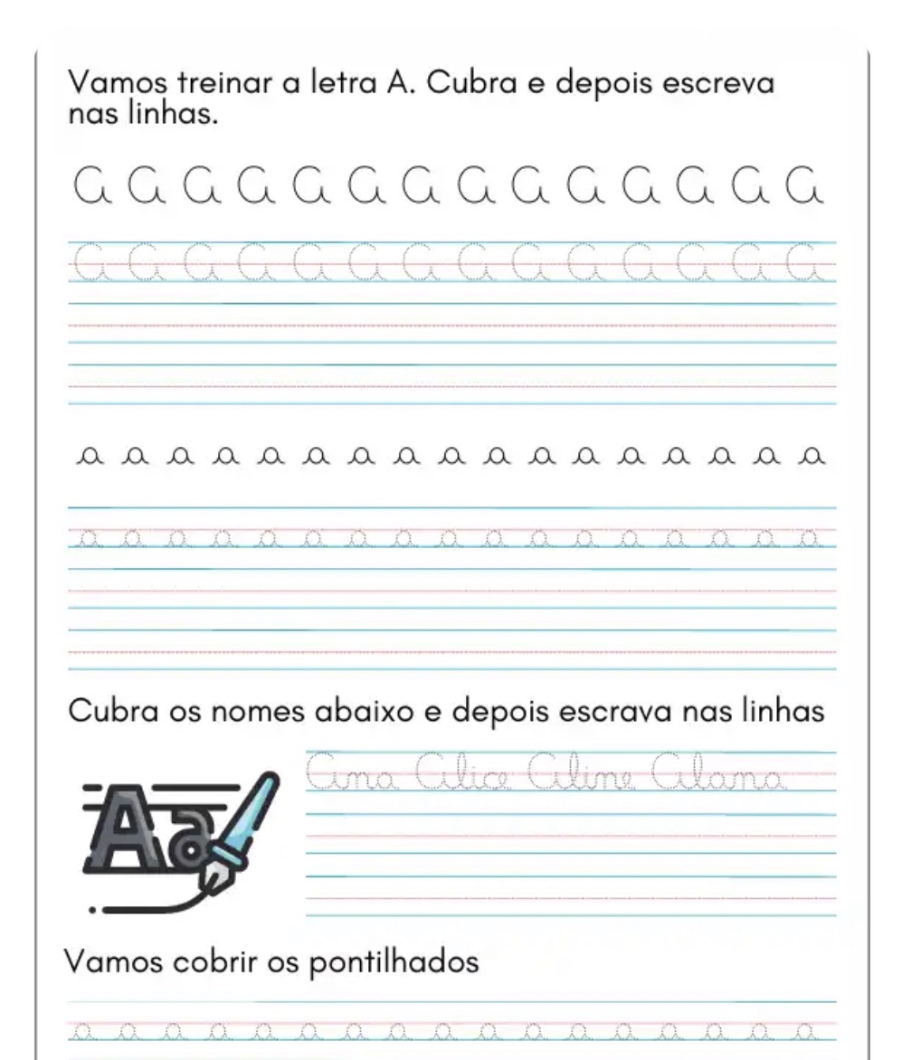 Página de treino da letra A com pontilhados e linhas de escrita
